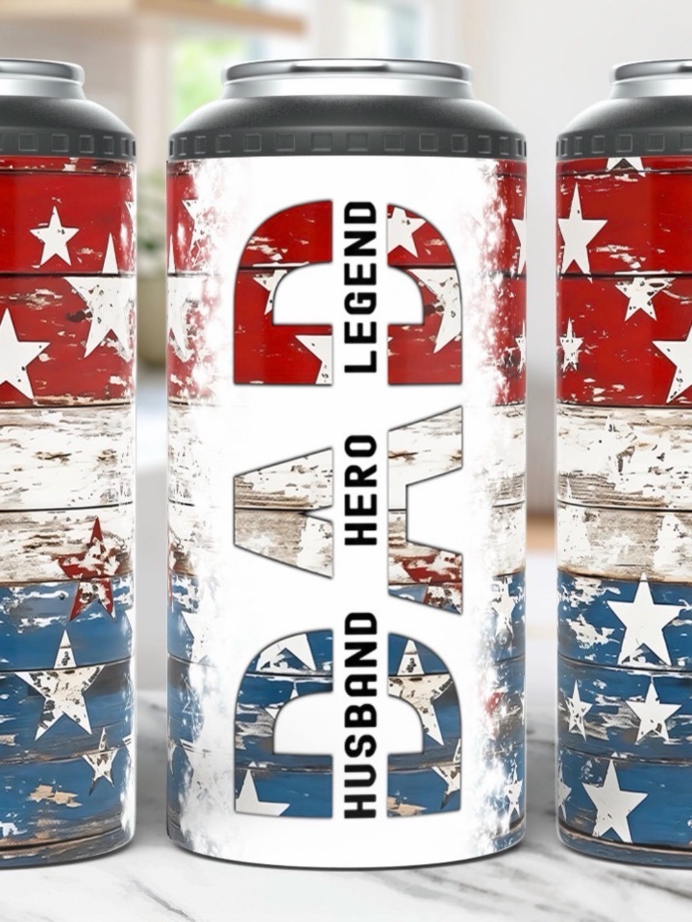 12 oz Patriotic 'Husband Hero Legend' Tall Can Cooler - Red White Blue Stars